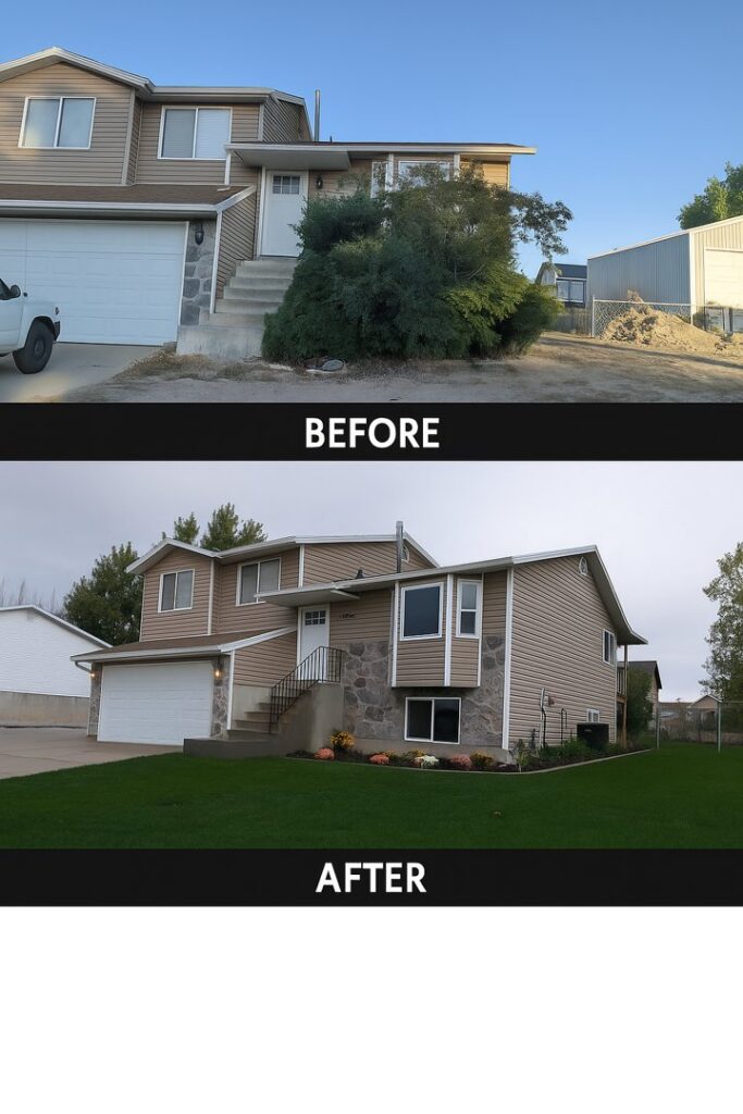Before and after of a house exterior renovation, including siding and landscaping, by SurePlan Handyman in North Ogden, UT