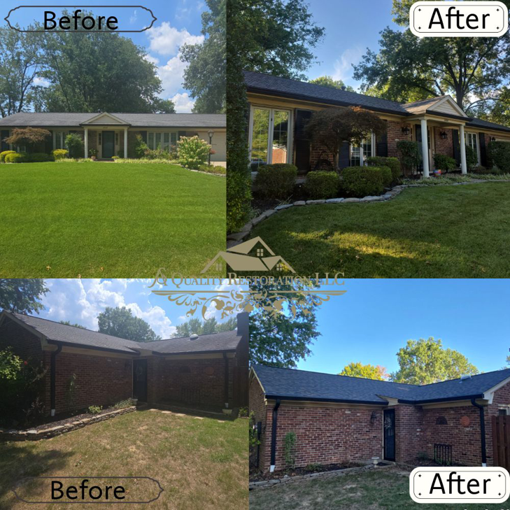 Before and after of a house exterior showing roof and gutter restoration by A Quality Restoration Services in Louisville, KY.