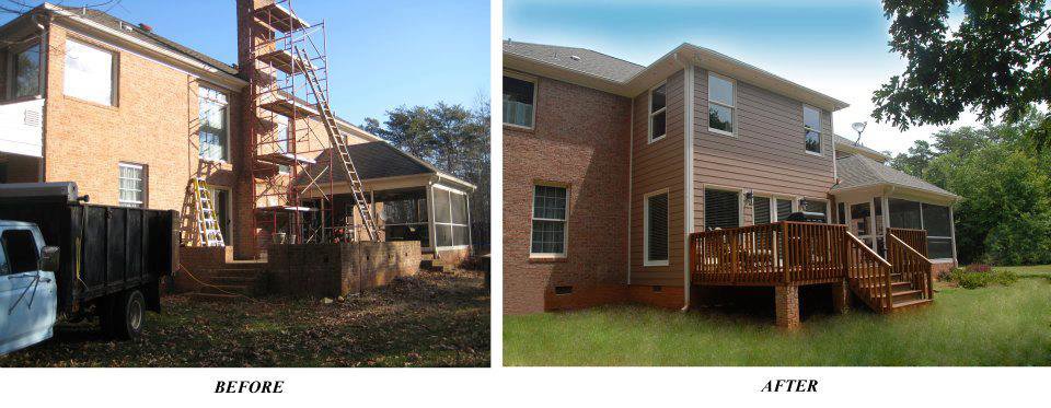 Before and after view of a house exterior with new siding and a deck by Rothrock Renovation & Remodeling in Winston-Salem, NC