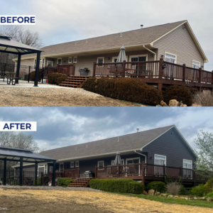 Before and after comparison of a house exterior siding remodel by Rios Siding & Windows in Blue Springs, MO