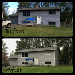 Before and after photos showing a house exterior renovation with new siding by Ground Up Services in Anchorage, AK.