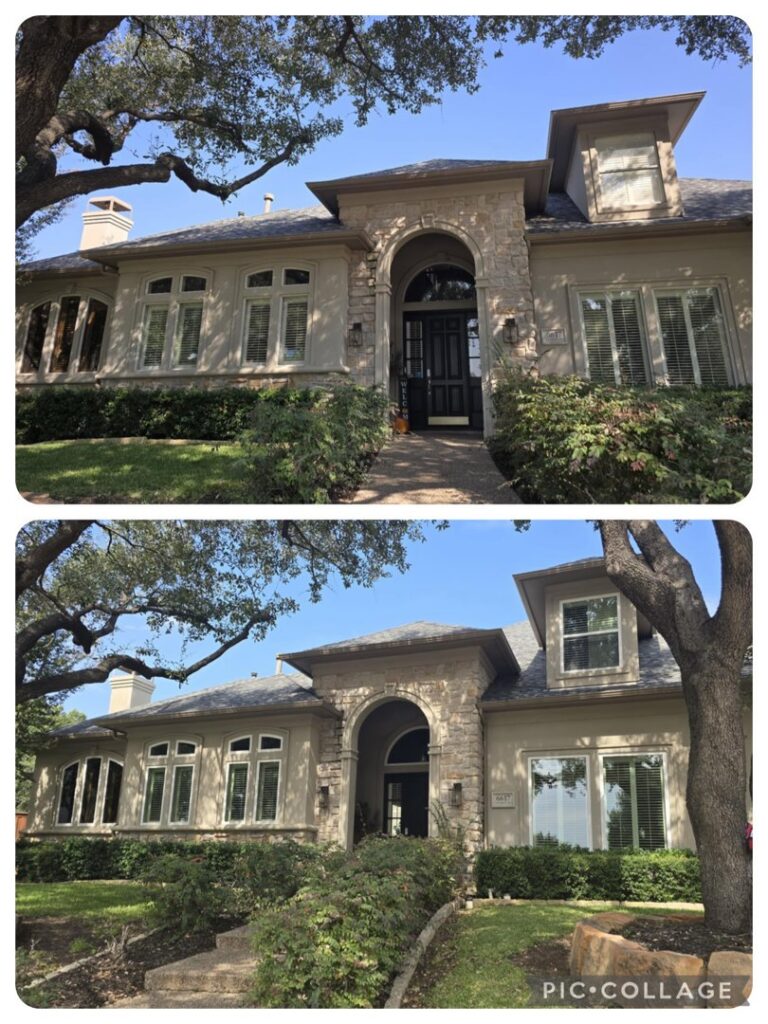Before and after of a house exterior showing window renovation by Pro 1 Windows and Doors in Rockwall, TX