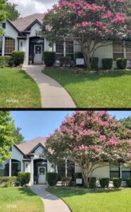 Before and after of a house exterior showing window replacement by Pro 1 Windows and Doors in Rockwall, TX
