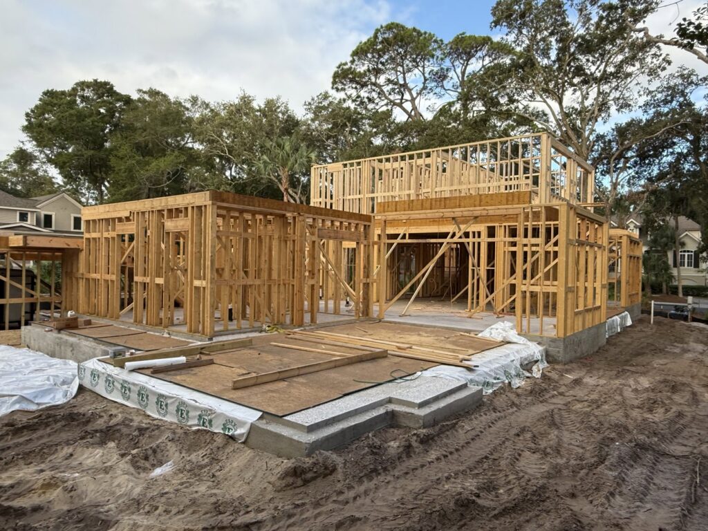 Wooden house framing under construction by Sanddollar Building & Remodeling Inc in Hilton Head Island, SC.
