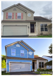 Before and after of a house with new blue siding installation by Emilee Slaughter, Home Exterior Specialist in Grove City, OH