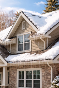 A house roof covered in snow with icicles hanging from gutters, indicating a need for snow and ice removal by Crown Remodeling in Owings Mills, MD.