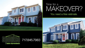 Before and after images of a house exterior makeover with new siding by Spoutco Home Improvements in York, PA.