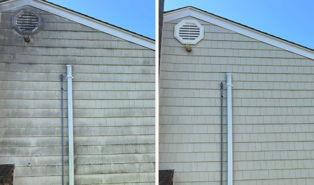 Before and after comparison of house siding power washing by Total Powerwashing in Valley Park, MO.