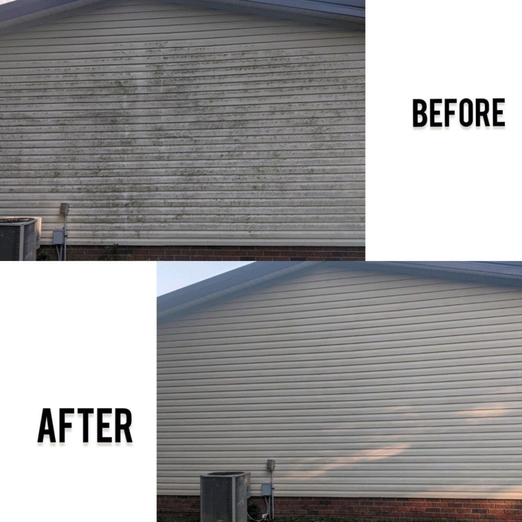 Before and after comparison of dirty and clean house siding, showcasing pressure washing by Applied Pressure LLC in Detroit, MI.
