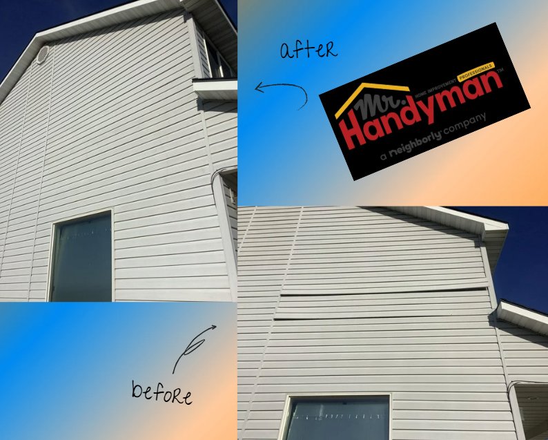 Before and after of house siding repair by Mr. Handyman of Boise, Meridian and Nampa in Nampa, ID.