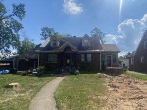 A residential house with multiple tree stumps and wood chips in the yard, indicating recent tree removal and stump grinding by Gray's Tree and Crane Service in Evansville, IN.