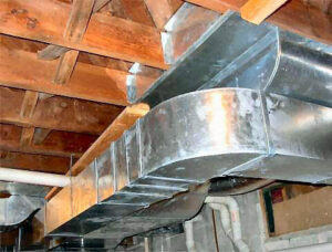 HVAC ductwork installed in a residential basement, showing heating and cooling services by Epic Electric, Heating, Cooling & Plumbing in Spokane, WA