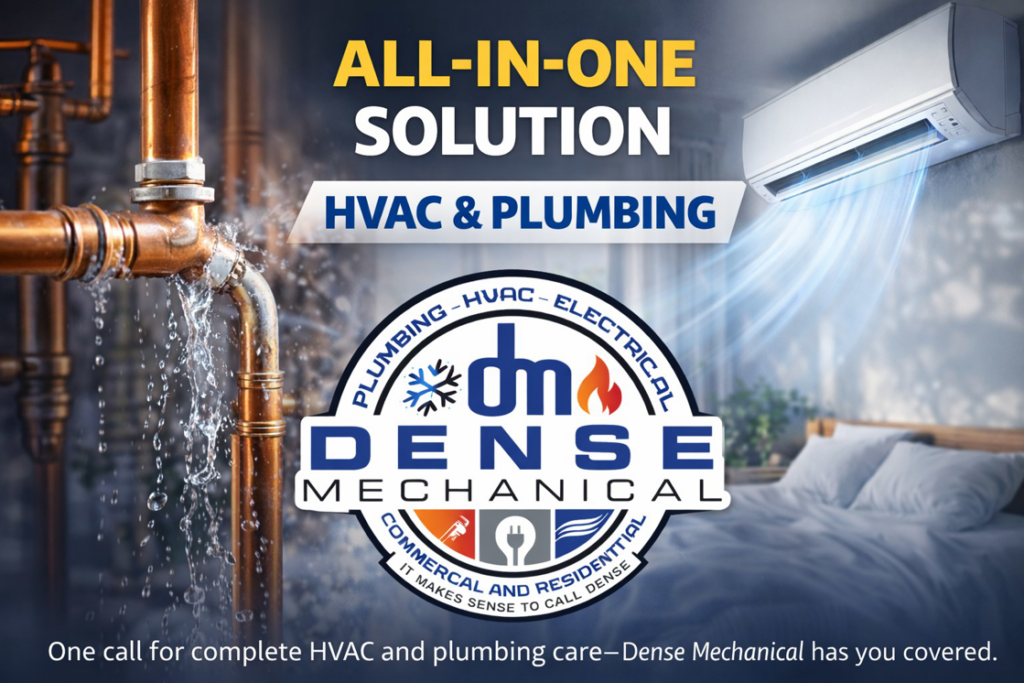 An image showcasing HVAC and plumbing services with an AC unit and leaking copper pipes by Dense Mechanical in Enid, OK.