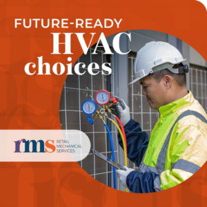A technician in a hard hat repairing an HVAC unit at Retail Mechanical Services in Bohemia, NY