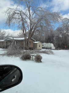 Ice storm damage with broken tree branches around a home, ready for cleanup by Tim's Tree Service & Landscaping in Milan, TN.