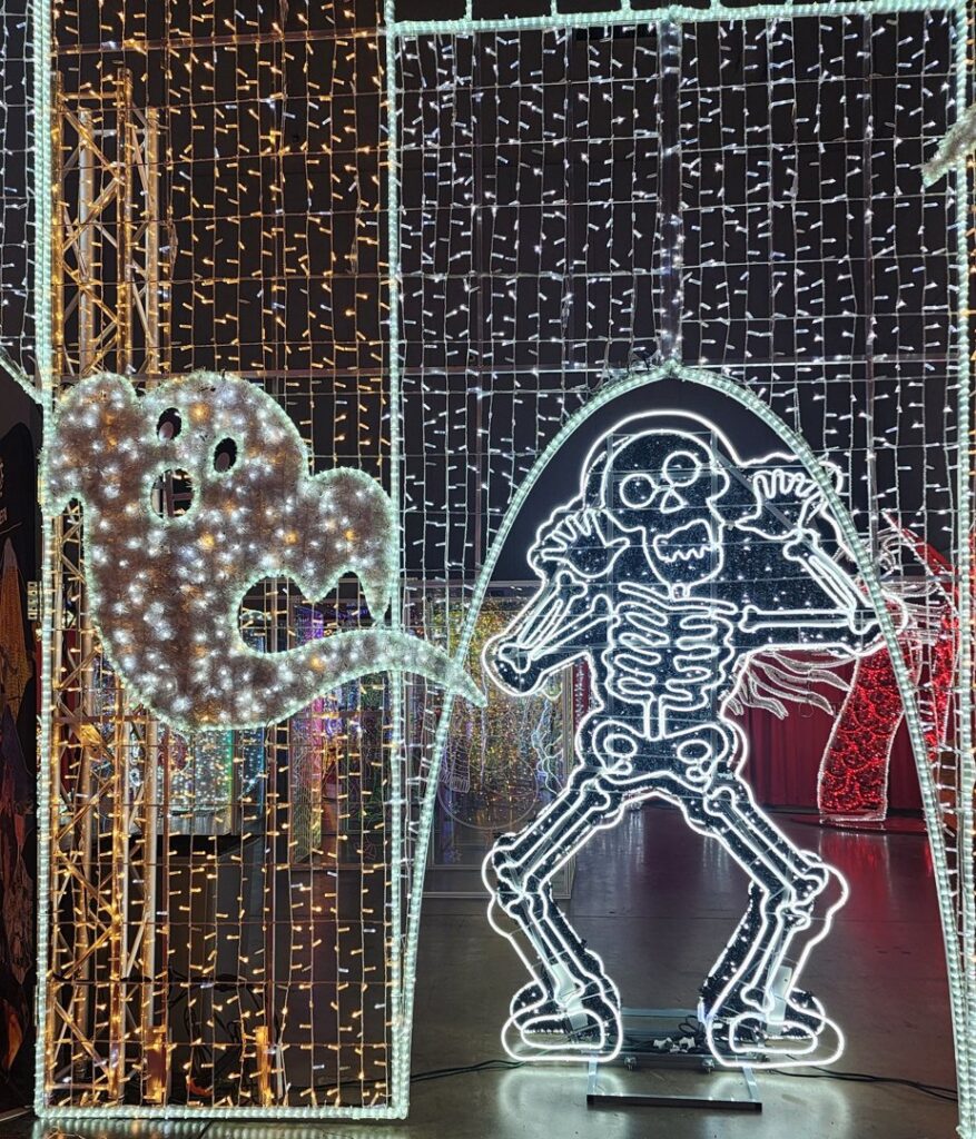 Illuminated skeleton and ghost figures, part of a holiday or event lighting display by Chicago Christmas Lights LLC in Chicago, IL.