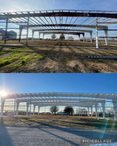 Before and after painting the metal framework of a large industrial building by Nelson painting farm & industrial in Rockford, IL.