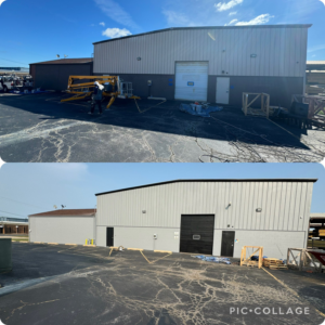 Before and after painting the side exterior of a large industrial building by Nelson painting farm & industrial in Rockford, IL.