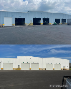 Before and after exterior painting of a large industrial facility by Nelson painting farm & industrial in Rockford, IL.