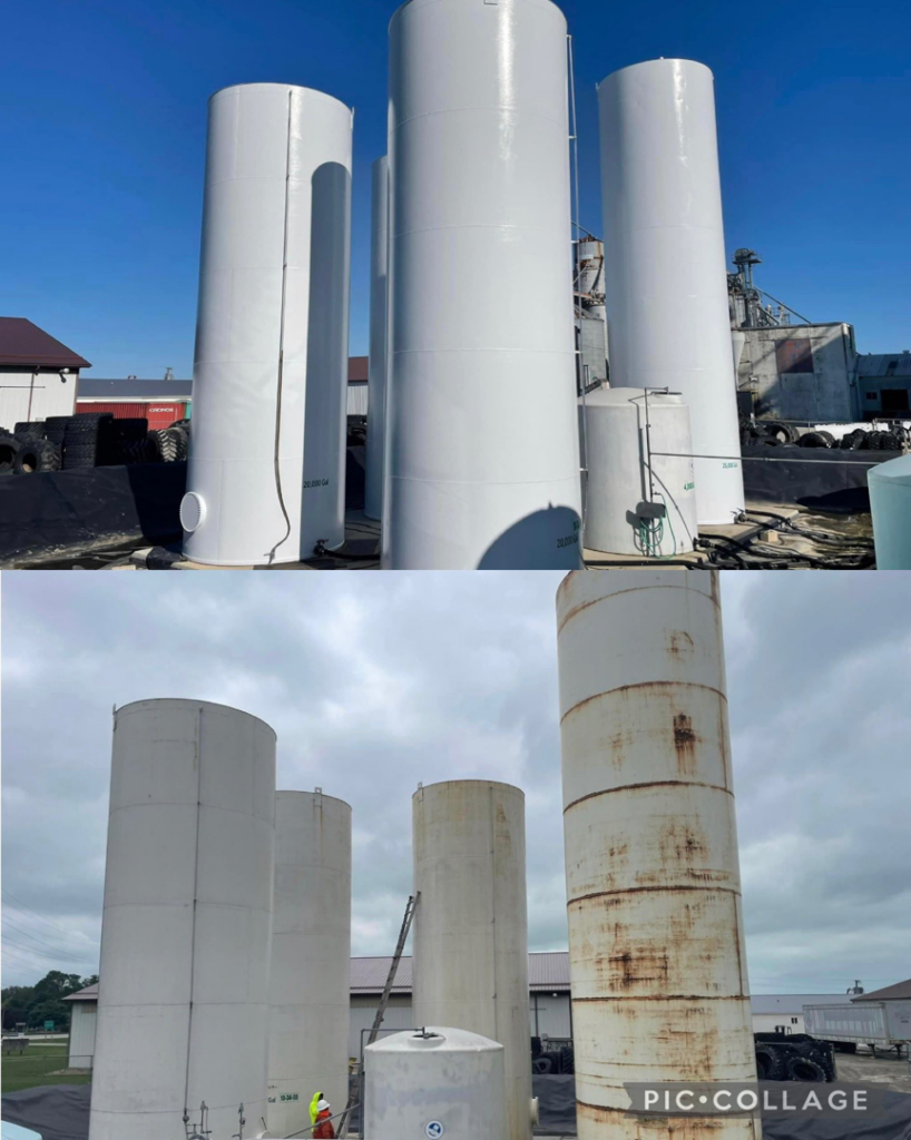 Before and after painting large industrial storage tanks and silos by Nelson painting farm & industrial in Rockford, IL.