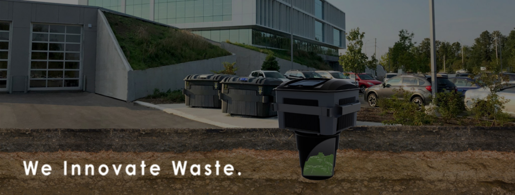 Innovative waste management bins in a commercial parking lot by Binova Group in Knoxville, TN.