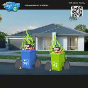 A close-up view inside a dirty green trash bin, showing accumulated grass clippings and residue, ready for cleaning by Bin Blasters - Knoxville, TN.