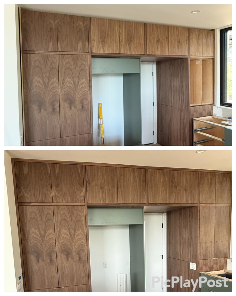 Progress shots showing the installation of custom wooden cabinets by Red Beard Cabinets in Kansas City, MO.