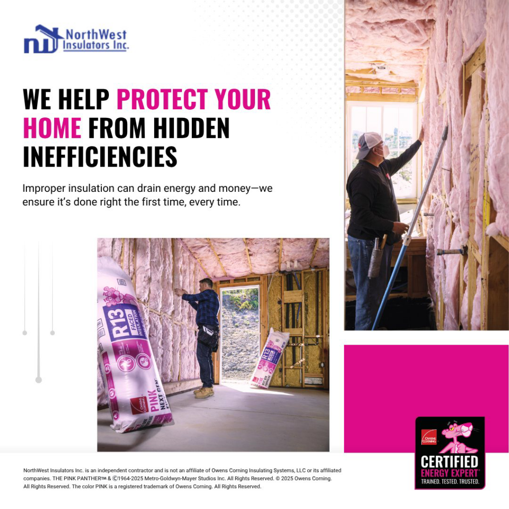 Workers installing fiberglass insulation into walls of a home by Northwest Insulators Inc in Salem, OR.