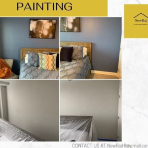 A bedroom wall freshly painted, illustrating interior painting services by NewRaj Home Improvement in Alexandria, VA.