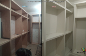 Before and after of interior cabinet and wall painting and repairs by Picasso Handyman Painters in Wichita, KS.