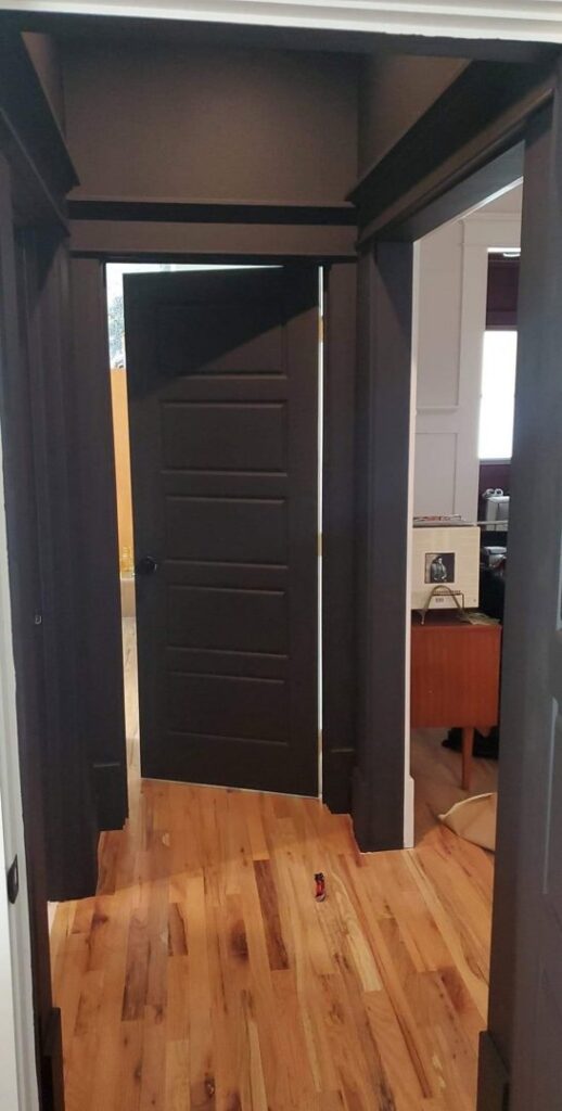 A hallway featuring new dark interior doors and trim, part of a remodeling project by Finesse Painting and Remodeling in Fort Worth, TX.
