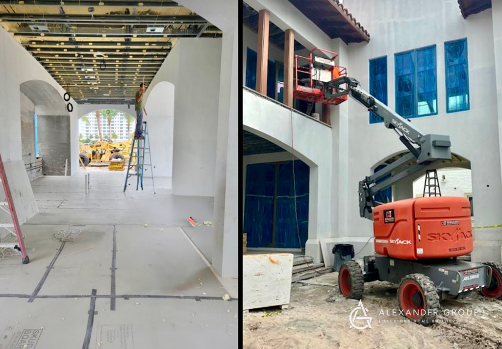 Interior ceiling framework and exterior facade work on a building by Alexander Group Construction in Miami, FL.