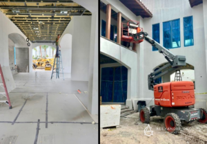Interior ceiling framework and exterior facade work on a building by Alexander Group Construction in Miami, FL.