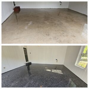 Before and after of an interior floor receiving a durable coating by Acosta Painting LLC in Jonesboro, AR.