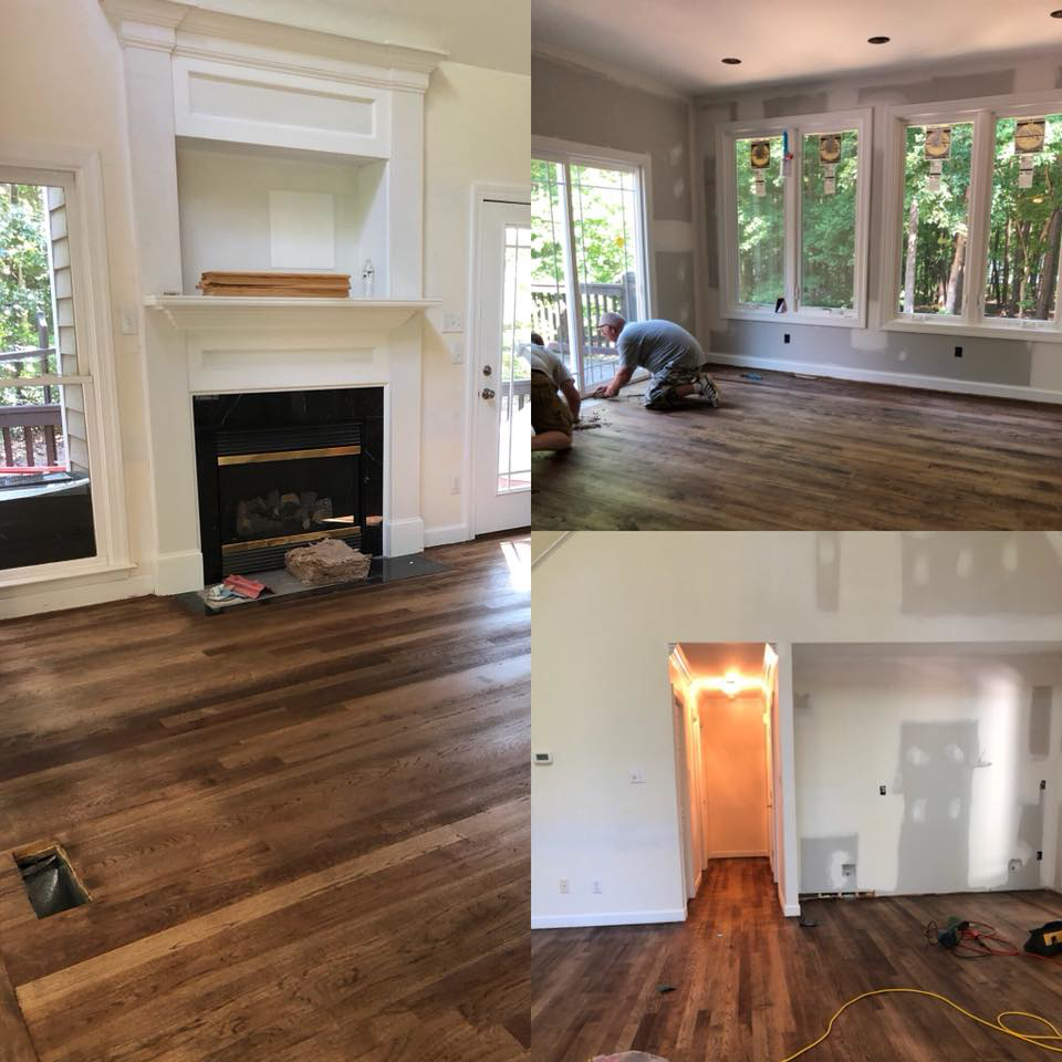 A collage showing interior home improvement, including flooring installation and a fireplace, by Midlothian, Inc. in Kenbridge, VA.