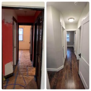 Before and after of an interior hallway renovation by Mudd Brothers Contracting Co. in Pittsburgh, PA.