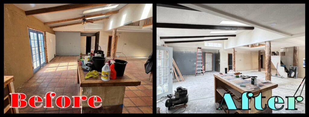 Before and after comparison of a home interior remodel, showing updated ceilings, walls, and flooring by Forged Builds Custom Remodels in El Paso, TX.