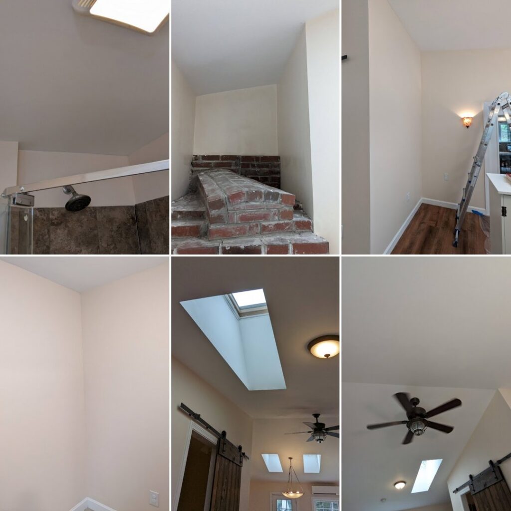 Various interior home renovation details including shower, fireplace, and ceiling work by MB&E Home Improvement in Augusta, ME.