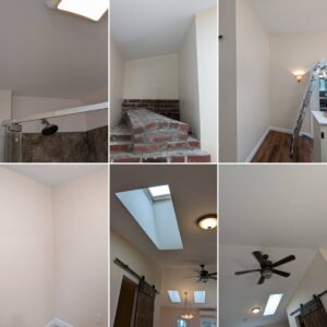 Various interior home renovation details including shower, fireplace, and ceiling work by MB&E Home Improvement in Augusta, ME.