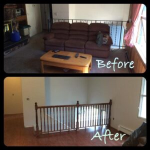 Before and after photos of an interior living room renovation with new flooring and railing by Ground Up Services in Anchorage, AK.