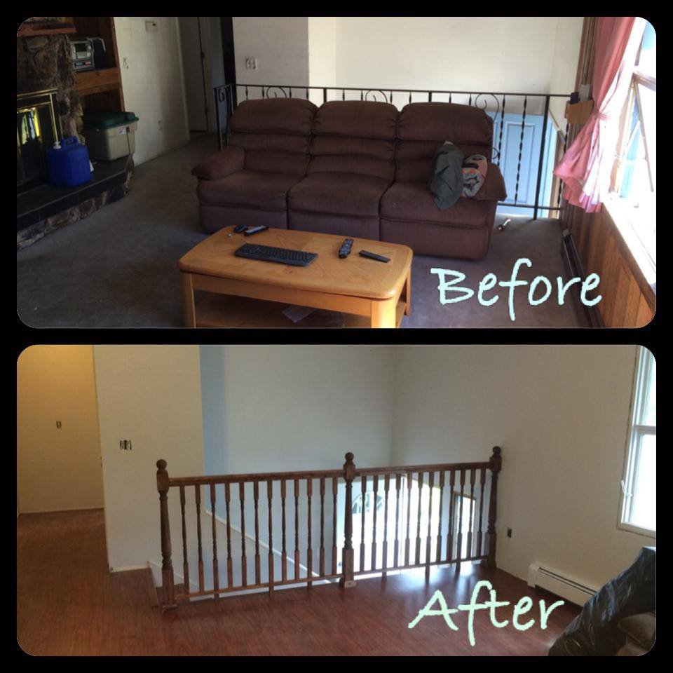 Before and after photos of an interior living room renovation with new flooring and railing by Ground Up Services in Anchorage, AK.