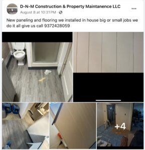 A collage showing interior renovation with new paneling and flooring by D-N-M Construction & Property Maintanence LLC in Dayton, OH.