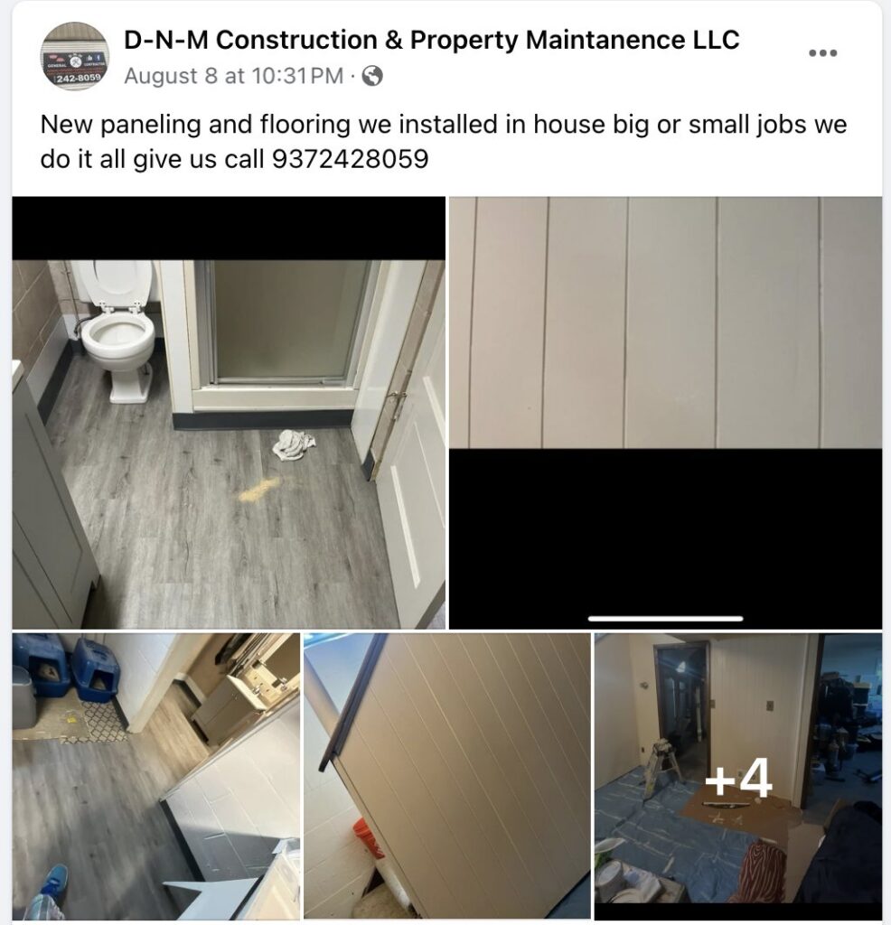 A collage showing interior renovation with new paneling and flooring by D-N-M Construction & Property Maintanence LLC in Dayton, OH.