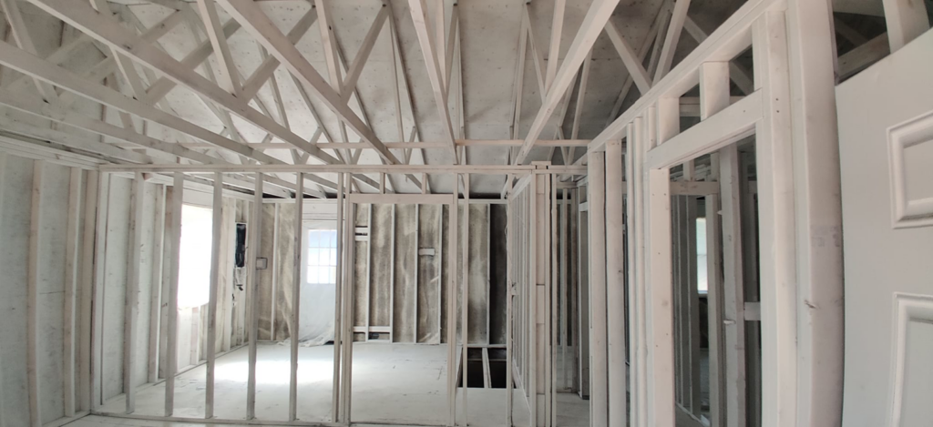Interior framing of a room or house under construction by Bernardo Buildings Inc in Virginia Beach, VA.