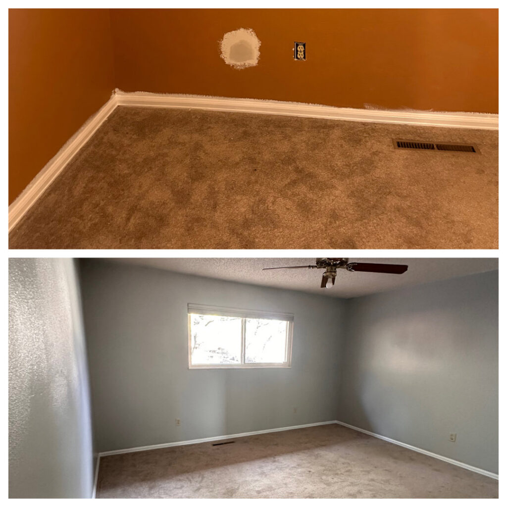 Before and after photos of an interior room with new paint and baseboard repair by Premium Home Solutions LLC in Hickory Hills, IL