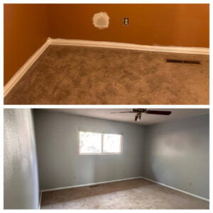 Before and after photos of an interior room with new paint and baseboard repair by Premium Home Solutions LLC in Hickory Hills, IL