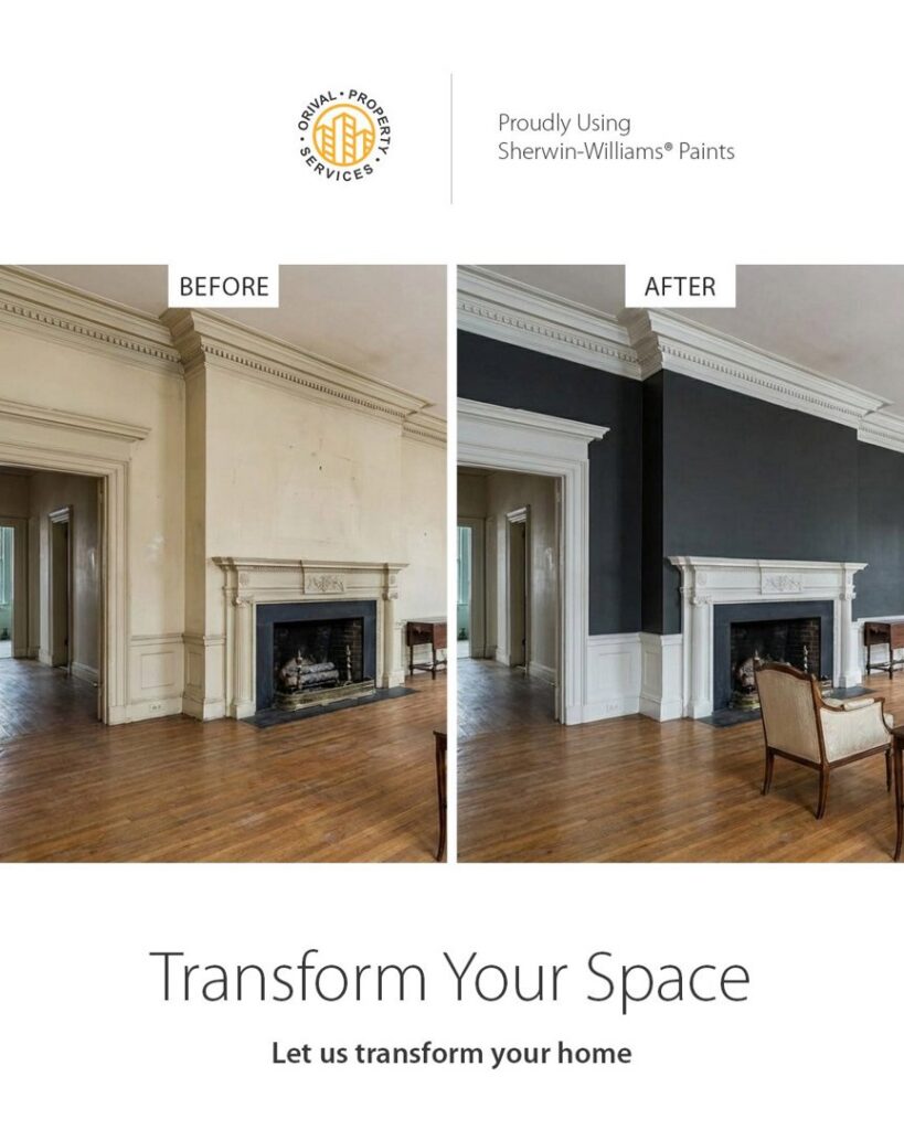 Before and after comparison of an interior room painting project by Orival Property Services in Boston, MA.