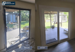 Before and after of an interior sliding door replacement by Superior Remodelers in Newtown, CT.