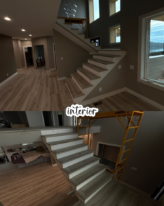 An interior staircase renovation project, showing the before and during stages of handyman work by Alpha Railing Company in Tacoma, WA.