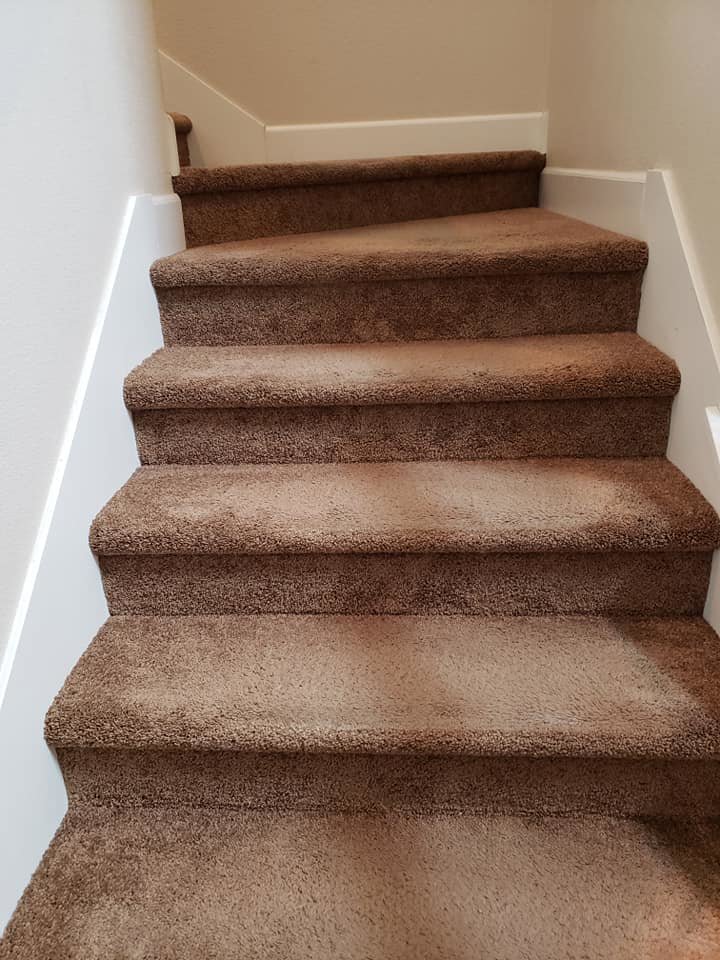 Interior stairs covered with new brown carpet, showcasing a flooring installation service by Tillman's Handyman Service in Sparks, NV.
